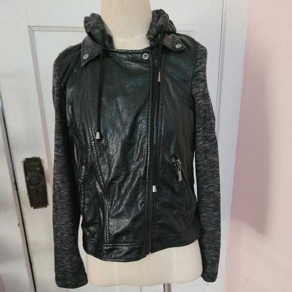 E2 Black Faux Leather Moto Removable Hood Jacket Excellent Size M - Picture 9 of 10